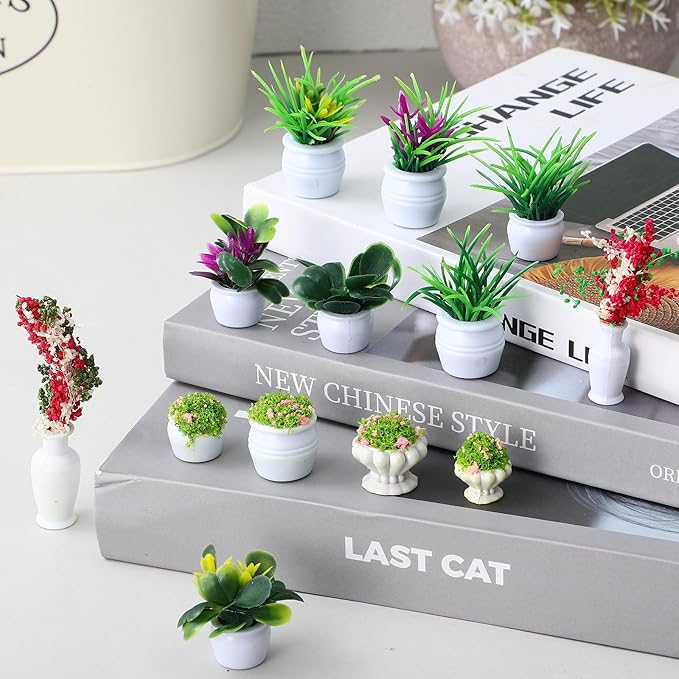 13pcs Miniature Potted Plants - Dollhouse Accessories Mini Fake Greenery Ornaments Tiny Plant Models Doll House Decor Mini Flower Pots for Fairy Garden and Craft Decoration