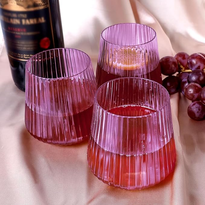 Lueumxc 40 Pack Plastic Ribbed Wine Glasses, 14Oz Origami Disposable Wine Glasses Unbreakable Clear Plastic Cocktail Glasses Recyclable Shatterproof Reusable Wine Cups (14oz-purple-40pack)