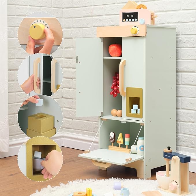 Pillowhale Wooden Play Refrigerator with Ice Maker – Mint Green Kids Fridge Toy, 4 Wooden Ice Cubes & Cup, Quiet Click Handle, Montessori Pretend Play for Toddlers 3+
