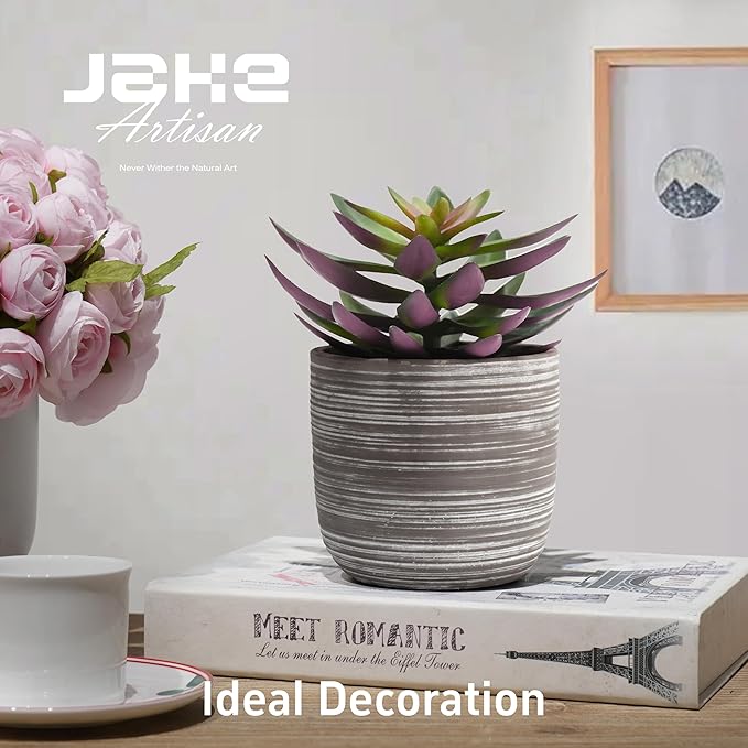 JaHe Artisan Potted Fake Succulent, 7.5” Artificial Succulents in Cement Bowl Faux Realistic Greenery Plant for Home Office Desk Bathroom Livingroom Boho Shelves Decoration, Table Centerpieces