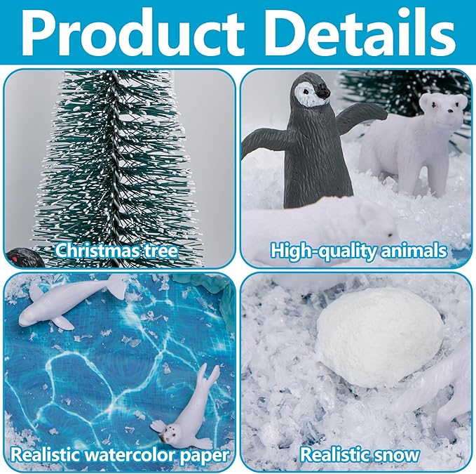codree 30 Pcs Arctic Animals Habitat Diorama Project Set, Arctic Diorama Box Kit Figurine Toys Model, Polar Bear Penguin Animals Figurines Diorama Supplies for DIY Crafts Gifts School Project