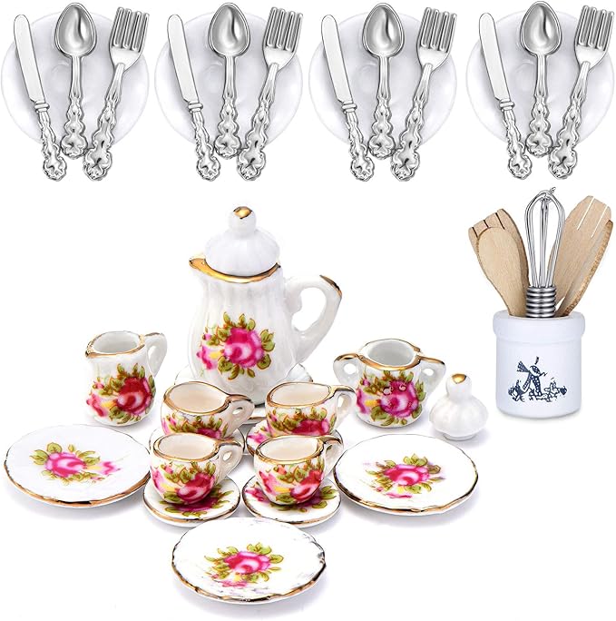 Skylety 37 Pieces 1:12 Scale Miniatures Dollhouse Kitchen Accessories Include 16 Plates Knife Fork Spoon, 6 Egg Beater Utensil, 15 Tea Cup Set(Red Rose)