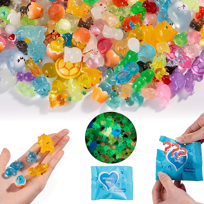 100 Pcs Glow in The Dark Mini Resin Animals,Mystery Blind Bags Bulk Assortment with Tiny Miniature Figurines for DIY Crafts,Fairy Garden Decor,Dollhouse Accessories,Party Supplies