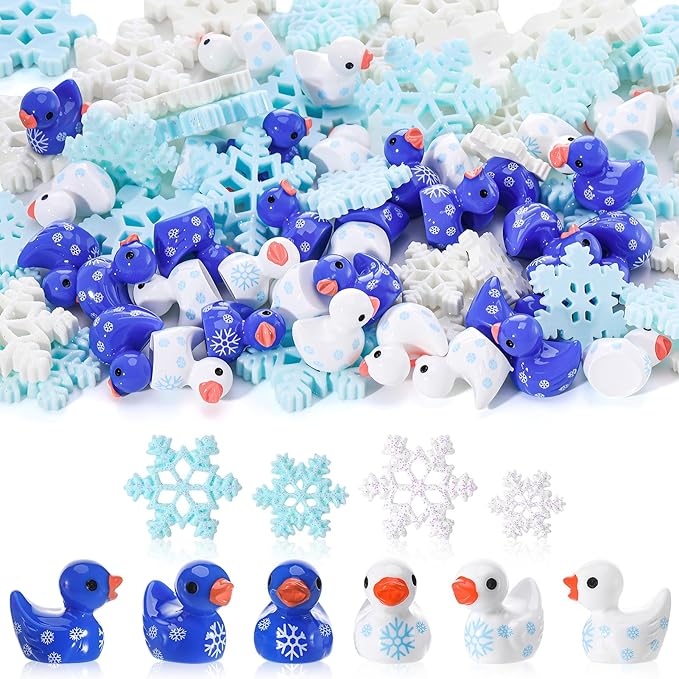 80 Pcs Mini Ducks Snowflake, Tiny Resin Ducks Figures Bulk, Cute Miniature Figurines for Winter Christmas Accessories Miniature Landscape Fairy Garden Dollhouse Party Favors Decor (6 Styles)