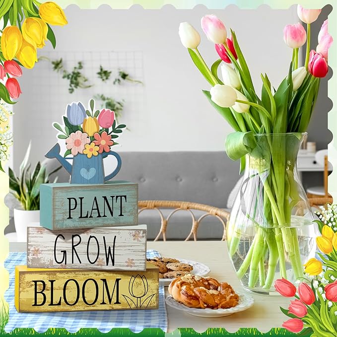 Moucuny 4 Pcs Spring Table Decorations Flower Wooden Signs Spring Tiered Tray Decor Wooden Flower Kettle Block Signs Pastel Table Centerpieces Decor for Home Kitchen Shelf