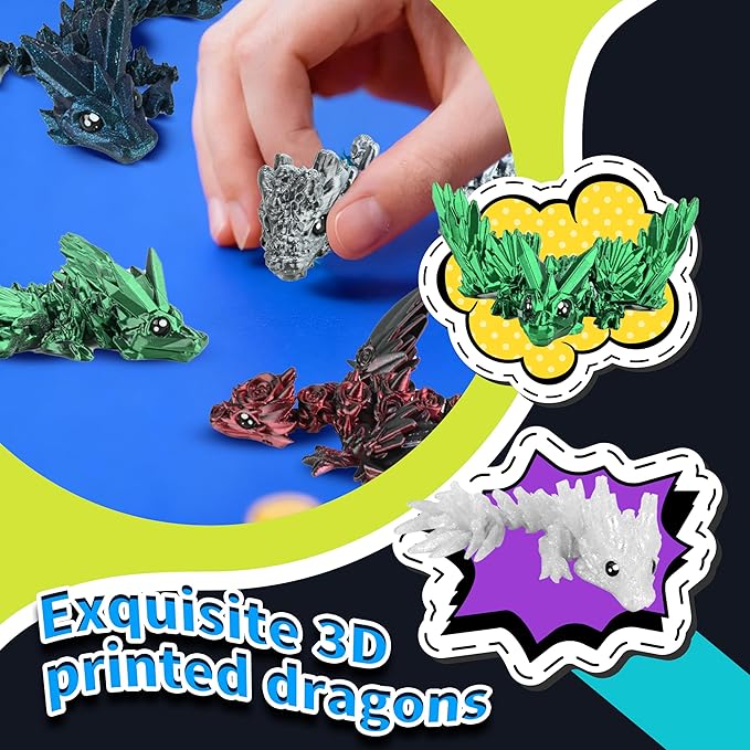 12PCS 3D Printed Dragon Set – Black Series Articulated Crystal Dragons, Cool Fidget Toys & Desk Decor, Unique 3D Printed Animals, Vibrant Gift for Teens, Adults, Party Favors
