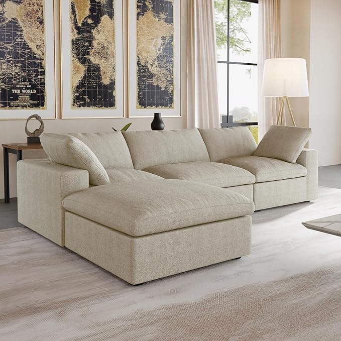 JACH 120" L Shape Cloud Sectional Couches for Living Room, Modern Convertible Modular Sofa, Couch Cushion Covers Removable, Sectional Sofas for Party Bedroom Apartment (Khaki)