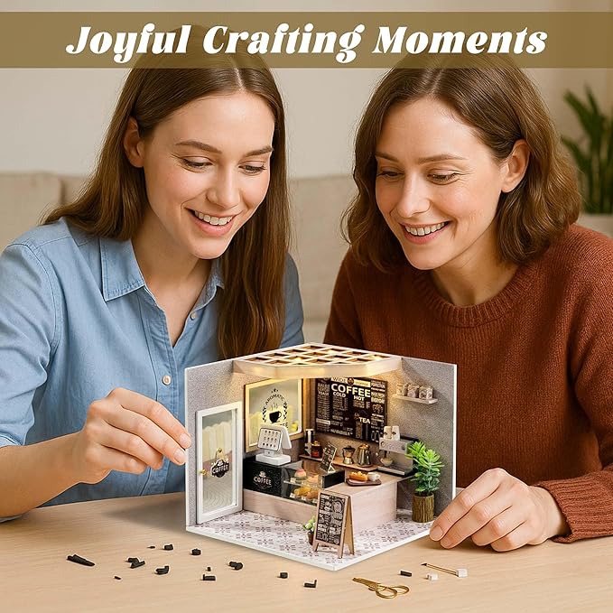 Flever DIY Miniature House Kit, Tiny Home Kit with LED Light, Mini House Build Craft Kits for Adults and Teens, Home Decor Creative Gift for Family/Friends (Leisurely Coffee Shop)