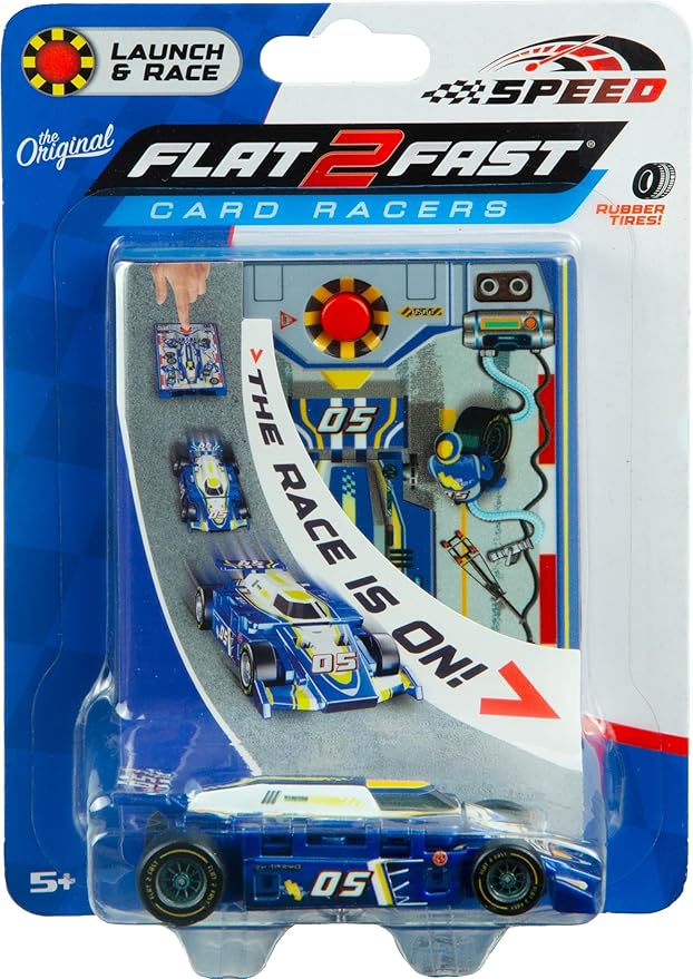 FLAT 2 FAST Original Speed Card Racer – Flat Car Racer and Pocket Size Racecar Launcher with Real Rubber Tires for High-Speed Racing – Load, Launch, Race! – Cobalt Blue
