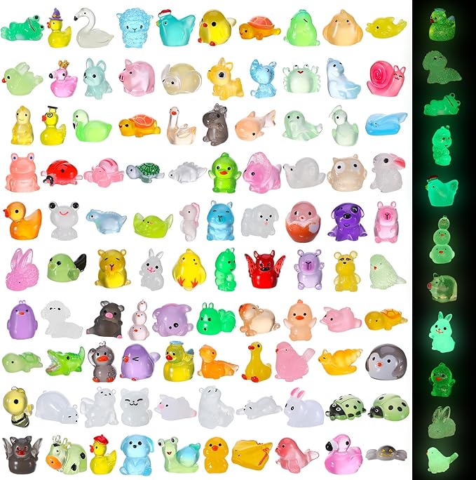 100 Pcs Luminous Mini Resin Animals Mini Animals Figures Bulk Glow in The Dark Miniature Figurines for Dollhouse Accessories Garden Aquarium Decoration