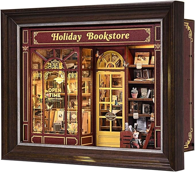 Book Nook Kit-3D Wooden Puzzle with LED Switch Control & Wall-Mountable Frame,DIY Miniature House for Beginners,Bookshelf/Tabletop/Wall Decor for Craft Lovers,Dollhouse Gift,Holiday Bookstore
