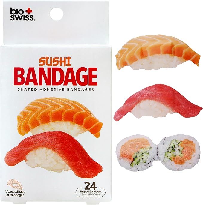 BioSwiss Bandages, Sushi Shaped Self Adhesive Bandage Set, Latex Free, Sterile Wound Care, 24 Count