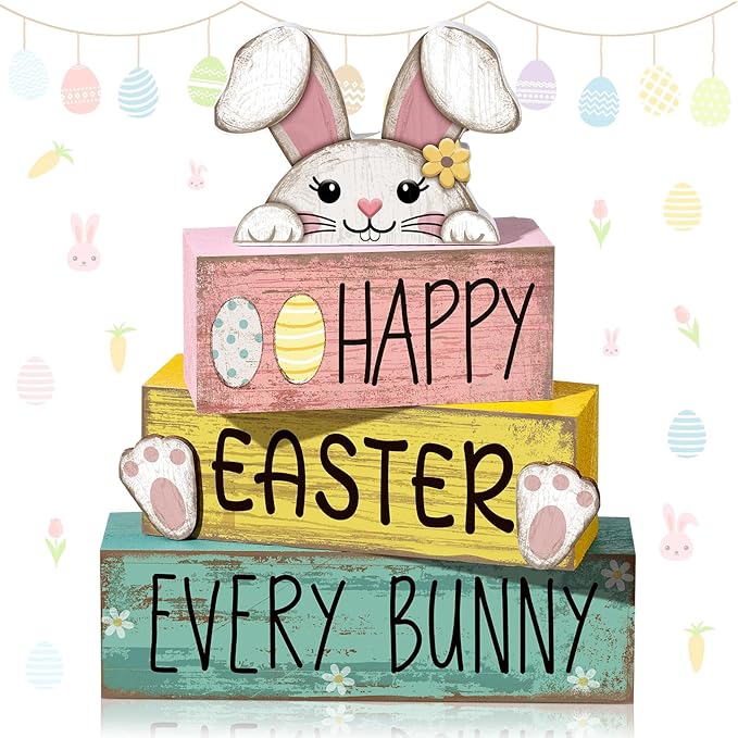 Moucuny 4 Pcs Easter Table Decorations Bunny Tiered Tray Decor Wooden Bunny Block Signs Gifts Happy Easter Centerpiece for Tables Wood Rabbit Tabletop Signs for Kitchen Home Shelf Office DECOR
