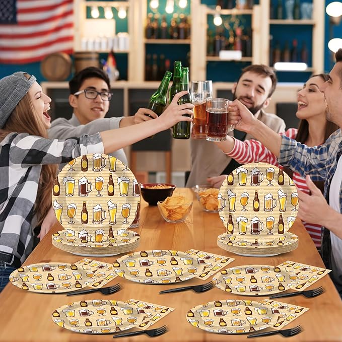 96 Pcs Cheers Party Decorations Cheers Themed Tableware Bar Theme Plates Napkins Forks Yellow and Khaki Supplies for Bar Bachelorette Festival 30th 40th 50th Birthday Bar Supplies Serve 24 Guests