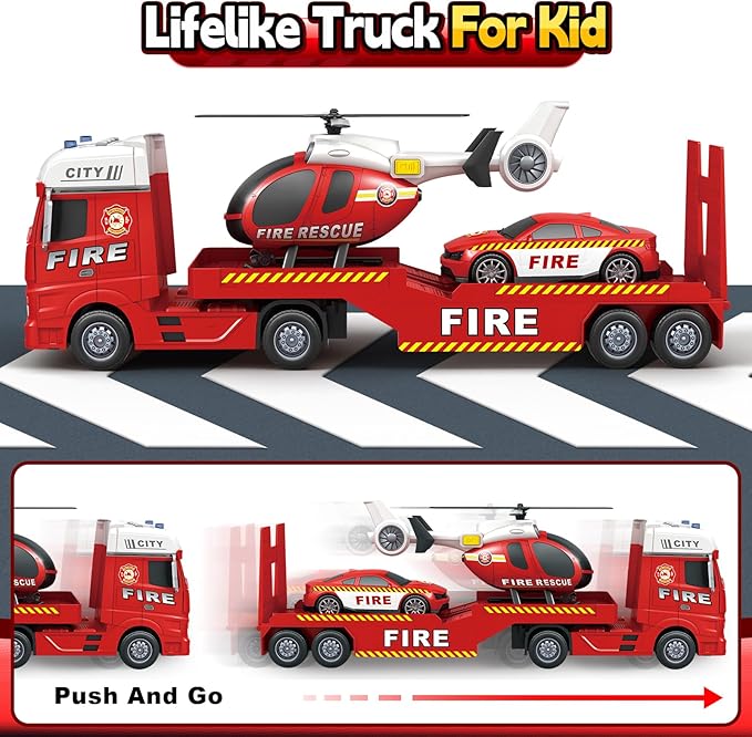 Kids Toys for 3 4 5 6 7 8 Years Old Boys, 25" Fire Truck Toy with Racing Car and Helicopter, Toddler Friction Powered Truck Vehicle Toy with Lights, Sounds for Boys Girls Christmas Birthday Gifts