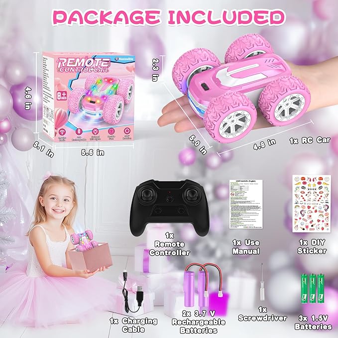 Pink Remote Control Car for Girls, RC Cars for Kids with DIY Sticker & Colored Lights, 2.4Ghz Double Sided 360° Flips 4WD Stunt Car, Rechargeable Toy Cars for Girl Ages 4-6 5-7 6-8 8-12 Birthday Gift