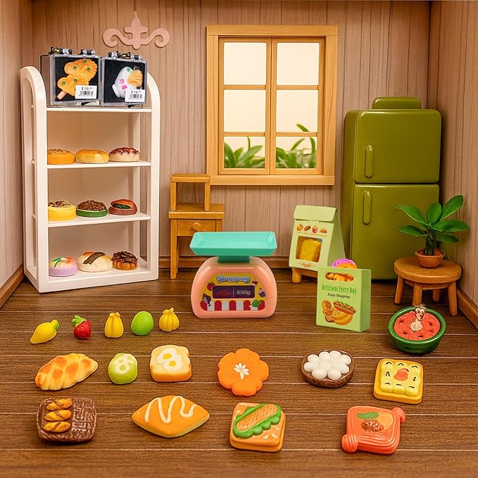 199Pcs Dollhouse Miniature Store Grocery Accessories Mini Shopping Basket 4 Three-Layer Shelves Supermarket Food Drink Bottle Fruit Toy Kitchen Play Game Cash Register Lunch Box