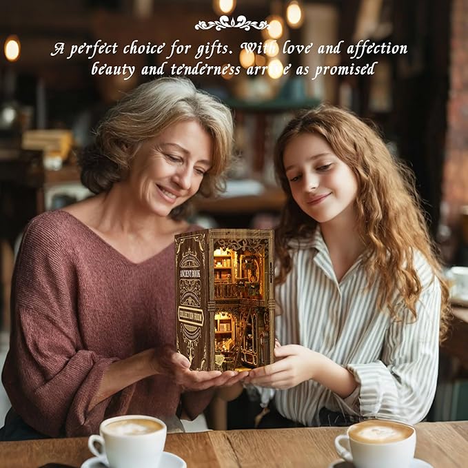 3D Wooden Puzzle Gift for Adults & Teens: Tiny House Book Nook DIY Miniature Dollhouse Model Kit with LED Lighting