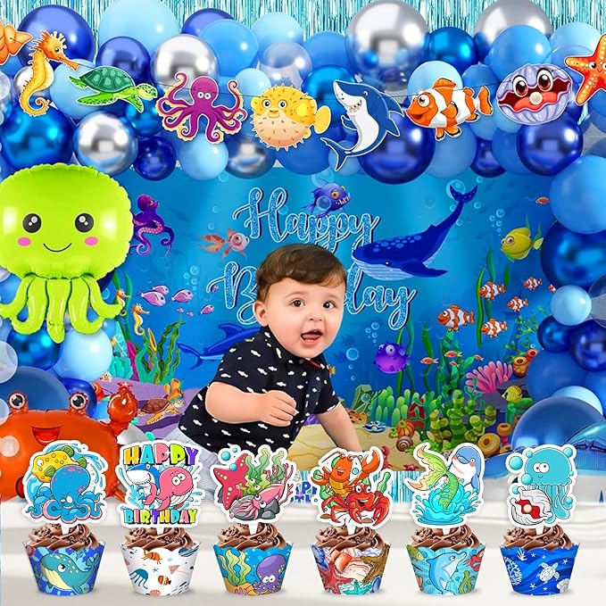 48PCS Ocean Themed Birthday Party Decorations | 24PCS Cupcake Toppers & 24PCS Cupcake Wrappers Party Favors Supplies Sea Animals Centerpiece Table Gifts for Boys Girls Carnival Prizes