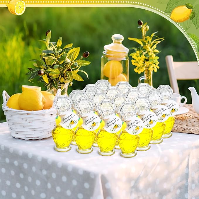 Chuangdi 16 Sets Mini Limoncello Glass Bottles Limoncello Bottles with Labels 1.7 oz Lemon Pendants Lemon Party Favors for Homemade Brewing Wedding Baby Shower Gifts(Elegant)
