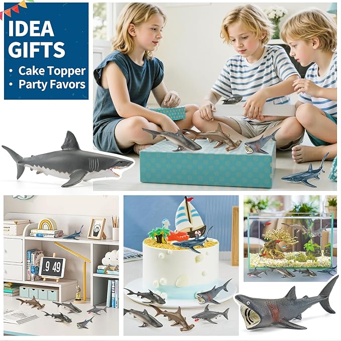 6PCS 5-7"L Realistic Shark Bath Toy for Kids, Plastic Sea Ocean Animals Figures Toys for Toddlers Includes Great White Shark Figurines Cake Toppers Birthday Party Favors & Gifts for Boy Girl