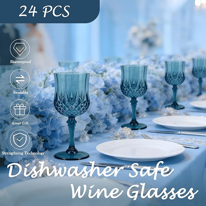 LEYIQU Plastic Wine Glasses, Plastic Goblets Vintage Style Cordial Drinking Glasses for Valentine’s Day, Wedding Reception, Grand Event Party Supplies (24, Navy Blue)