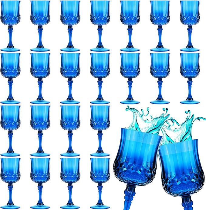 Pinkunn 50 Pcs 7 oz Plastic Vintage Wine Glasses Reusable Colored Goblets Patterned Drinking Water Glasses Cup Dishwasher Safe for Valentine's Day Wedding Reception Party Supplies (Dark Blue)