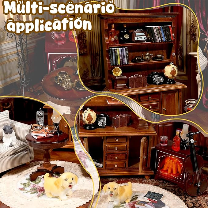 Miniature House Furniture Set Classic Mini Furniture Sofa Set with Pillows Mini Couch Carpet Wooden Furnitures Bookshelf Desk Chair Living Room Scene Decor
