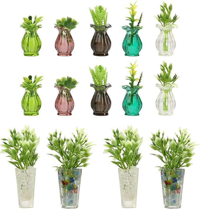 Miniature Dollhouse Plants 1/12 Scale – Miniature Potted Plants 4Pcs and Flower in Vase 10Pcs, Dollhouse Decoration Accessories, Mini Artificial Tiny Fake Greenery, Micro Landscape Furniture Decor