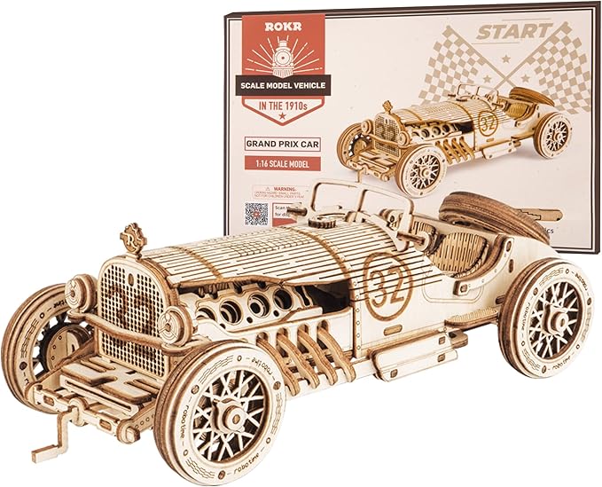 ROKR 3D Wooden Puzzle for Adults-Mechanical Car Model Kits-Brain Teaser Puzzles-Vehicle Building Kits-Unique Gift for Adults on Birthday/Christmas Day(1:16 Scale)(MC401-Grand Prix Car)