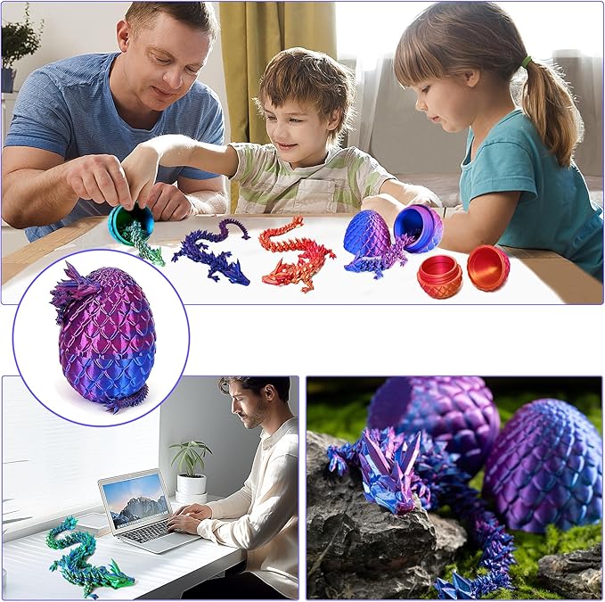 JOD® 4PCS 3D Printed Dragon Eggs with Dragon Inside – Articulated Fidget Toys, Easter Dragon Eggs, Mystery Surprise Easter Eggs for Kids, Unique 3D Printed Animals, Home Decor and Gift Set(C)