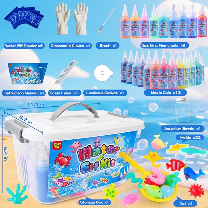 Aibxiu Magic Water Elf Toy Kit, Crafts for Kids Ages 4-8-12, Aqua Fairy Water Gel with 22 Gels, 22 Sea Creature Molds, DIY Craft Kit, Birthday & Party Favors for Kids Ages 3+