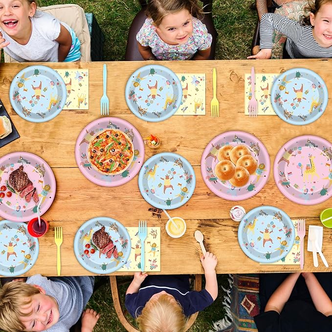 96Pcs Animal Parade Party Supplies Pastel Animal Parade Paper Plates and Napkins Jungle Safari Theme Tableware Decorations Set for Kids Girls Birthday Baby Shower Celebration Party Favor Serves 24
