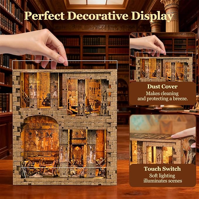 Book Nook Kit - DIY Miniature House Dollhouse Kit for Adults and Teens, 3D Wooden Puzzle Booknook Build Bookshelf Decor with LED Light, Gifts for Family and Friends (Egyptian Pharaoh's Tomb)