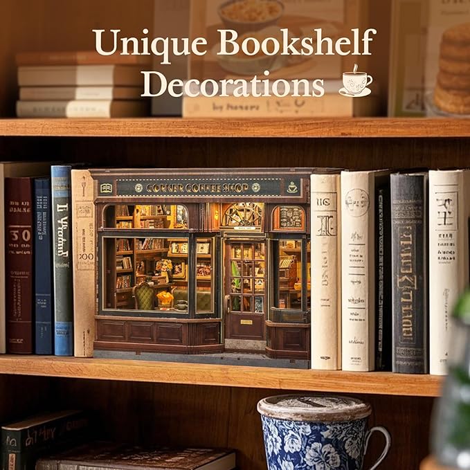 Fsolis Book Nook Kit - DIY Bookshelf Miniature Kit for Adults 3D Puzzle Booknook Bookstore Bookshelf Diorama Cafe Shop Tiny House with Cat, Craft Gifts for Women Book Lovers (Corner Coffee Shop)