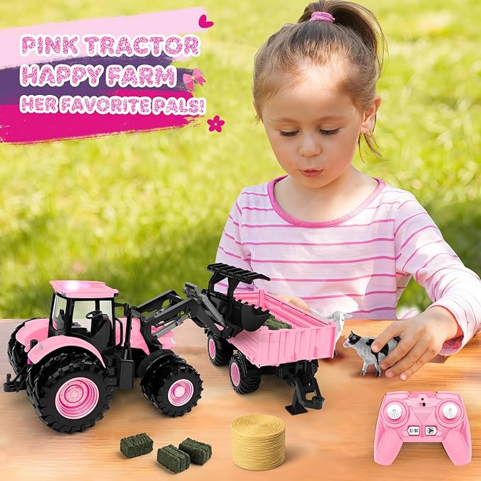 Remote Control Tractor Toy [2026] Kids RC Tractor Set & Truck and Trailer Front Loader - Metal Car Head/8 Wheel/Light, Toddlers Farm Vehicle Toys for 3 4 5 6 7 8 9 Year Old Girls Birthday Gift, Pink
