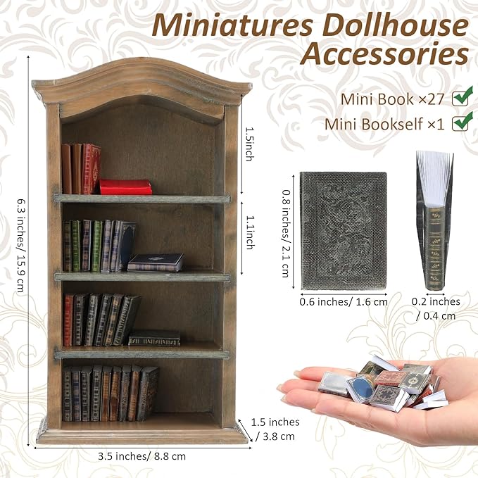 Poen 27 Pcs 1: 12 Scale Miniatures Dollhouse Books and a Wooden Bookcase 4 Floors Dollhouse Bookshelf Decoration Accessories for House Bedroom, Vintage Color