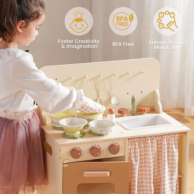 ROBUD Kids Pots and Pans Playset,Toddler Kitchen Accessories Pretend Cooking,Cottagecore Yellow Stainless Steel Pots and Pans Metal, Kitchen Set for Kids, Mini Toy Kitchen Accessories(9 Pieces)