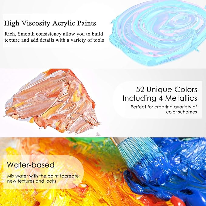 Caliart Acrylic Paint Set with 12 Brushes, 42 Colors (59ml, 2oz) Art Craft Paints Gifts for Adults Artists Beginners Painters, Halloween Pumpkin Canvas Ceramic Rock Painting Kit Art Supplies