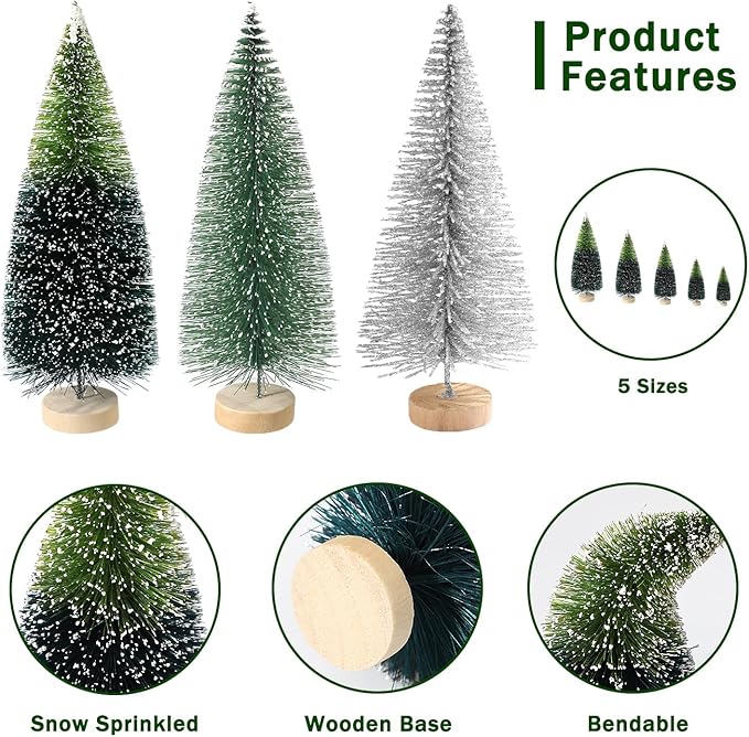 30Pcs Mini Christmas Trees Artificial Christmas Tree Bottle Brush Trees with Wooden Base for Christmas Decor Christmas Party Home Table Craft Decorations(Dark Green+Silver)