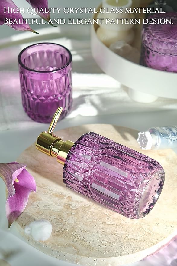 LaMarriti Purple Bathroom Accessories Set, 5Pcs Clear Glass Bathroom Set, Soap Dispenser, Toothbrush Holder Set, Soap Dish, Qtip Holder, Tumbler for Vintage Crystal Bathroom Decor, Gift Set (Violet)