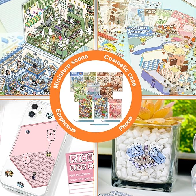 DIY 3D Sticker Scene, 10 Sets Fun DIY 3D House Stickers, Make Your Own Mini Room Scenes, Cute Cartoon 3D Miniature Scene Stickers Book, 3D Sticker Therapy for Adults Kids Relief Stress Pass The Time