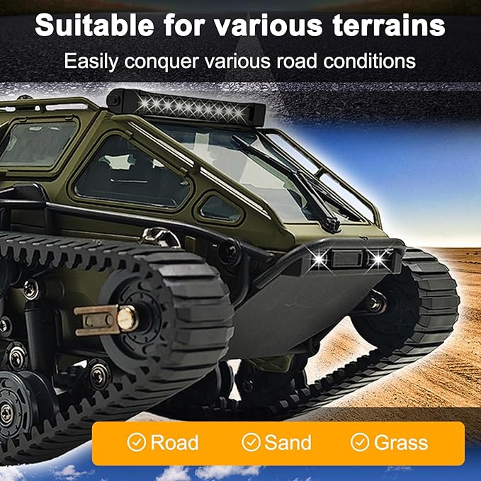 Remote Control Tank, 1:16 Scale 2.4GHz All Terrain RC Crawler, 4WD Off-Road Armored Tank, 360° Rotating Drifting Truck Toy Vehicle with Lights, Rechargeable Battery Gifts for Teens