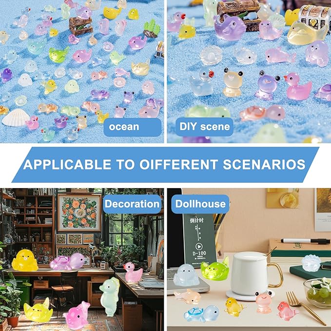 105pcs Luminous Mini Resin Animals 11 Types Glow in the Dark to Hide Miniature Resin Animals Figures Small Plastic Ocean Animal for Fairy Garden Micro Landscaping Dollhouse Home Decor Party Gifts.