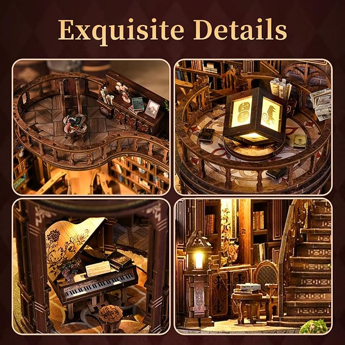 Hallisun DIY Miniature House Kit, Mini 3D Wooden Dreamy Book Hall Building Kit with Furniture and LED, Tiny Diorama Dollhouse Model Set, Handmade House Craft Birthday for Adults Teens