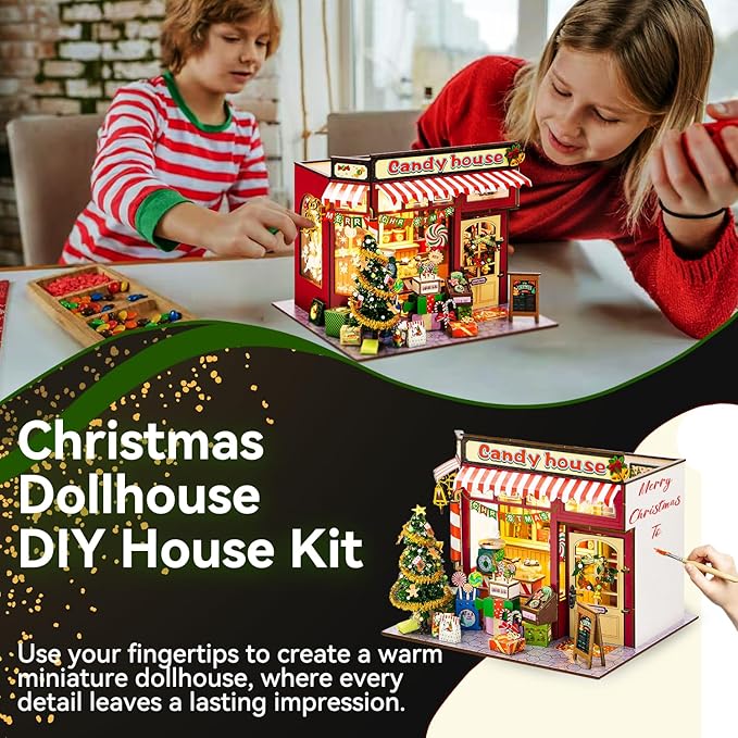 DIY Miniature House Kit, Christmas Miniature Dollhouse Kits, Tiny House with LED, Christmas Village Houses Set, 3D Wooden Puzzle Mini House, Craft Gift for Adults