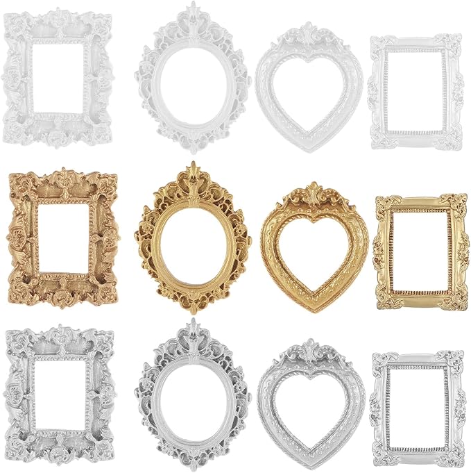 12 Pcs Miniature Dollhouse Accessories Gold Foil Mini Picture Frames Set Dollhouses Ornaments for Crafts Victorian Baroque Style Dollhouse Frames in Gold Silver White for 1/12 Scale Display