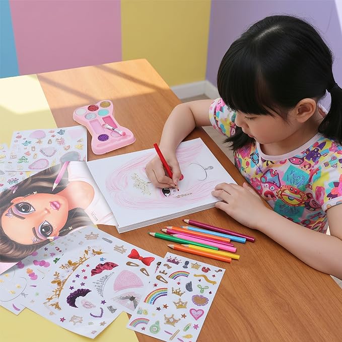 BSCOOL Make-up Artist. 3 in 1 Fun Makeup, Sticker, Coloring Kit, Includes Color Pencils, Makeup Palette, and 200+ Stickers. for Girls Ages 5,6,7,8. Christmas Gift for Girls