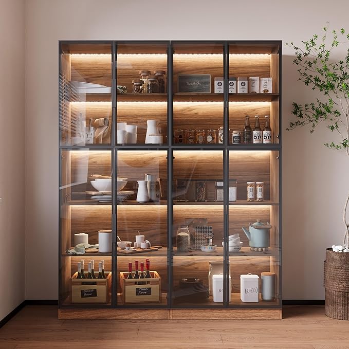 2-Piece Display Cabinet with Glass Doors and Lights, Large Modern Storage Cabinet with 5-Tier Shelves, Trophy Case for Collectibles Living for Room Home Office, Walnut (63" W)