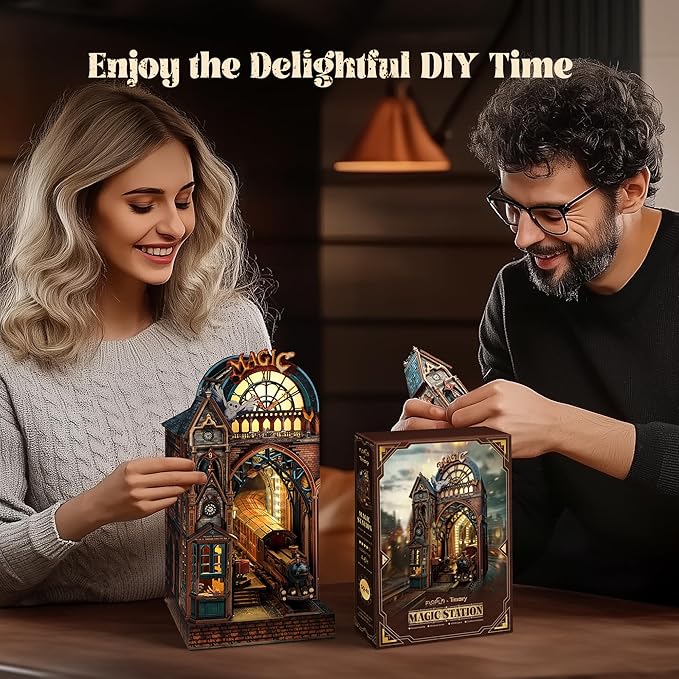 LED 3D Puzzle Magic Station Book Nook Kit - Interactive 3D Wood Puzzle LED Magical Miniature with Infinite Extension Space - DIY Bookshelf Insert Decor Gifts(Magic Station)